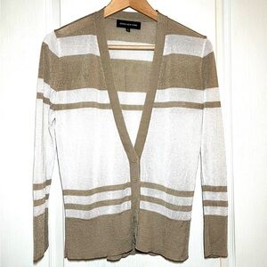 Jones New York White & Tan Striped V-Neck Cardigan Sweater Classic Office Casual